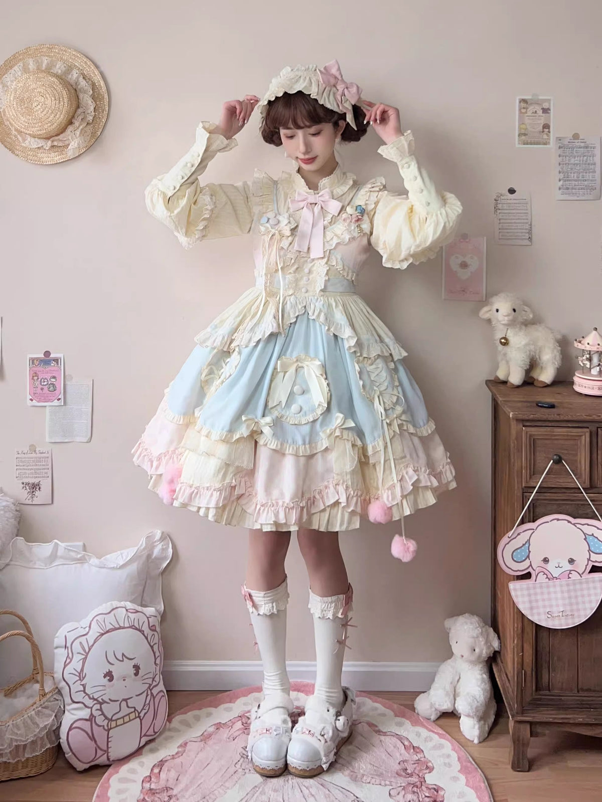 Multi-Color Mianmian Macaron Sleeveless Multi-Layered Ruffle Bowknot Lace Sweet (Short Version) (Dress Only) detail view 2