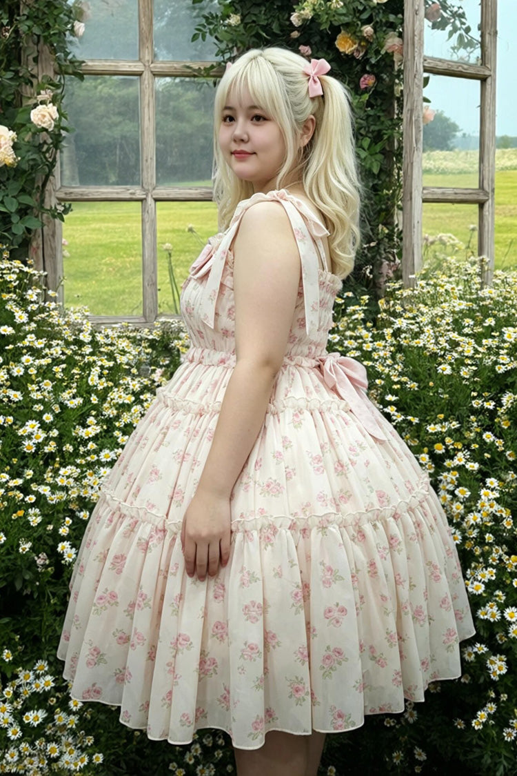 Pink [Rose Maiden] Square Collar Sleeveless Rose Printed Ruffled Bow Lace Plus Size Sweet Lolita Dress - Product - 4