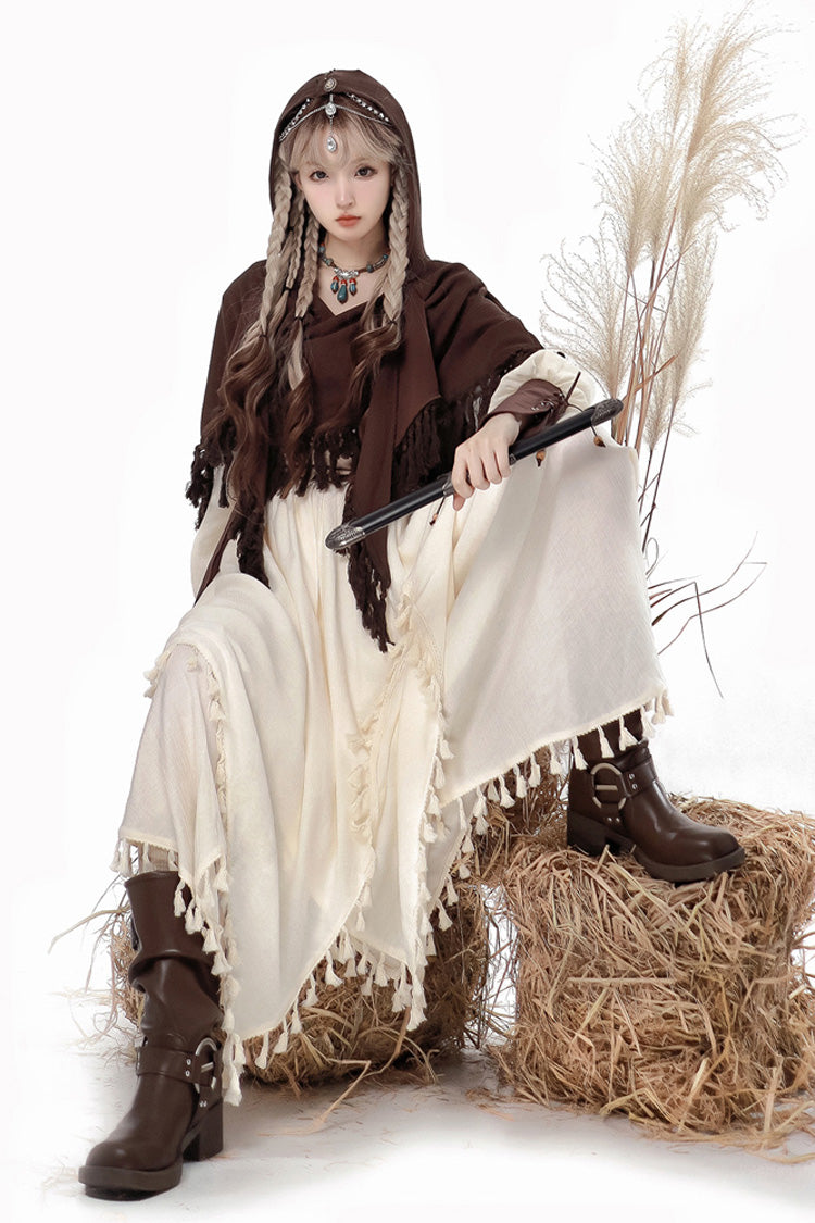 White/Brown Wandering Witch Cloak Long Sleeves Daily Irregular Lolita Dress - Product - 4