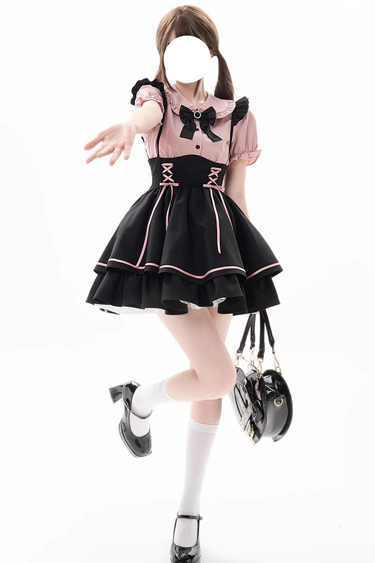 Black/Pink First Sakura Short Sleeves Multi-layer Lace-Up Sweet Jirai Kei Japanese Set - Black/Pink - 1