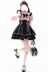Black/Pink First Sakura Short Sleeves Multi-layer Lace-Up Sweet Jirai Kei Japanese Set - Black/Pink - 1