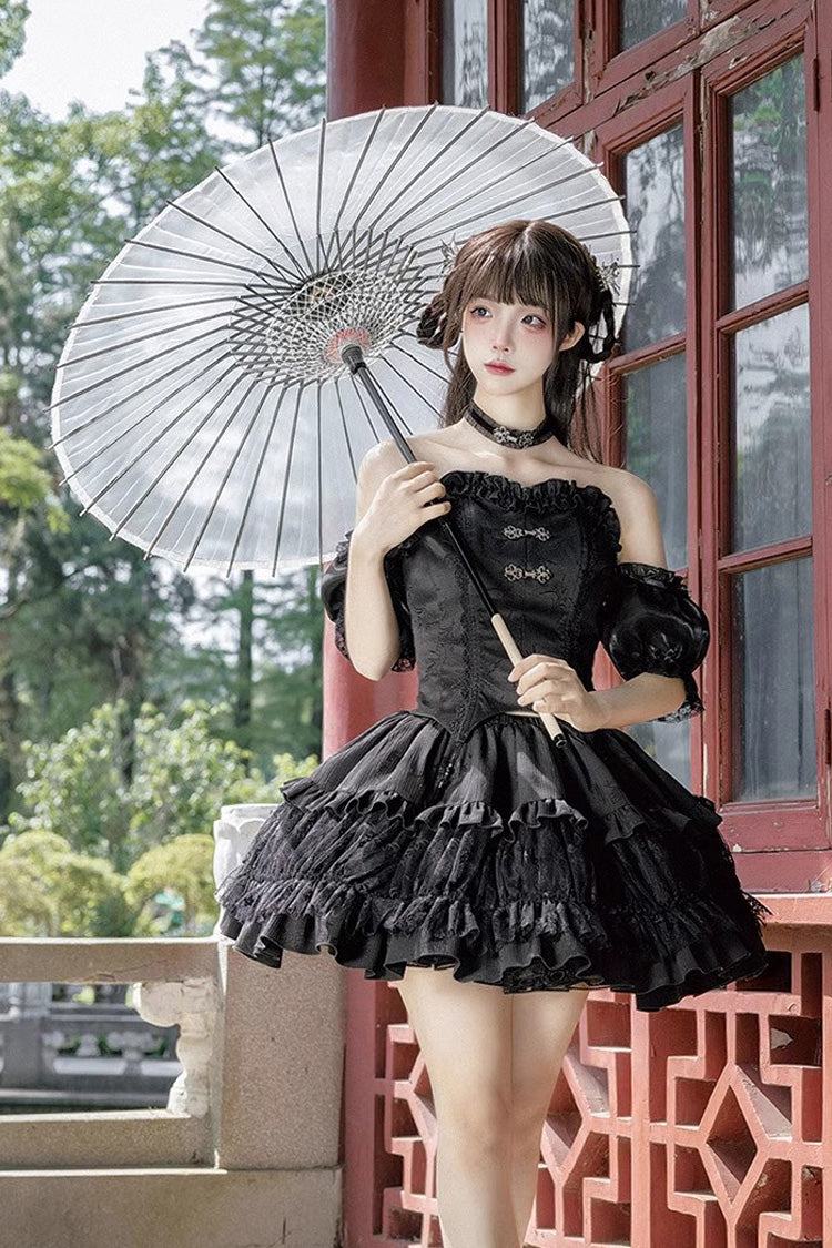 Black Bamboo Dream Multi-layer Dark Pattern Print Ruffle Gothic Lolita Skirt Set - Product - 9