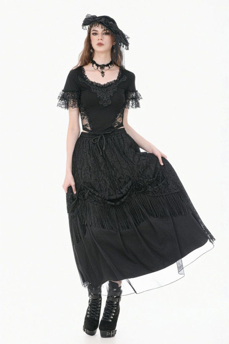Black Women's Gothic Square Collar Double-Layered Lace Short Sleeves Embroidered Slim Fit Top - Product - 9