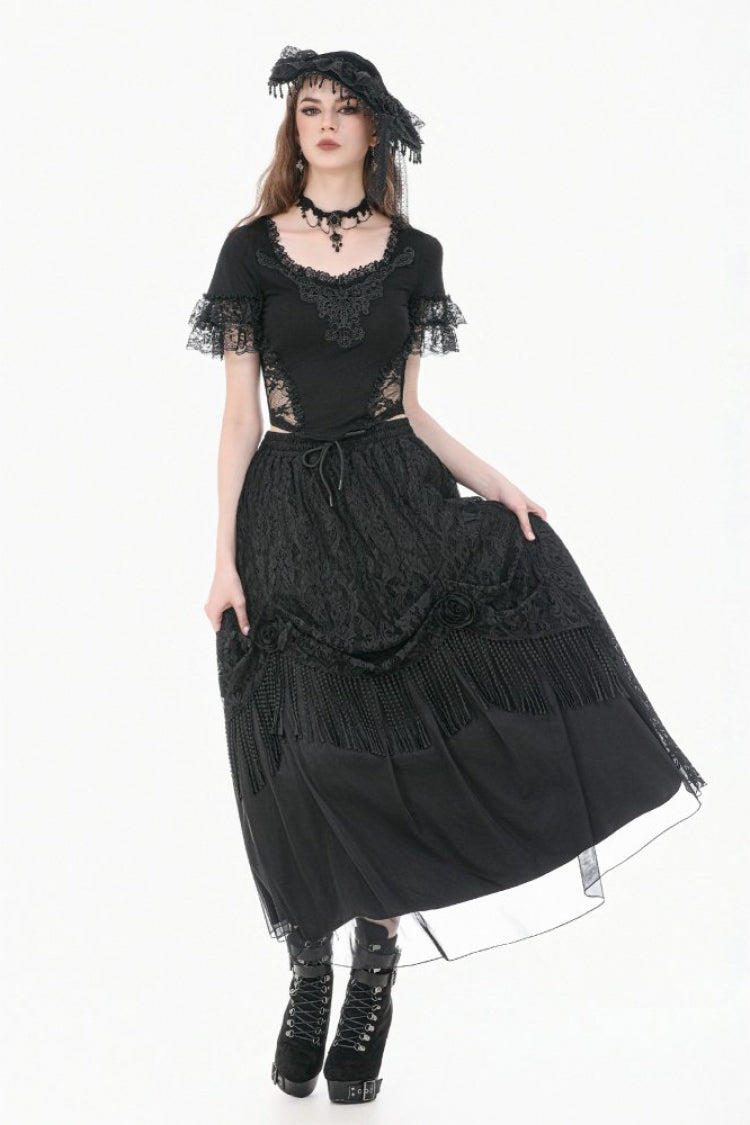 Black Women's Gothic Square Collar Double-Layered Lace Short Sleeves Embroidered Slim Fit Top - Product - 9