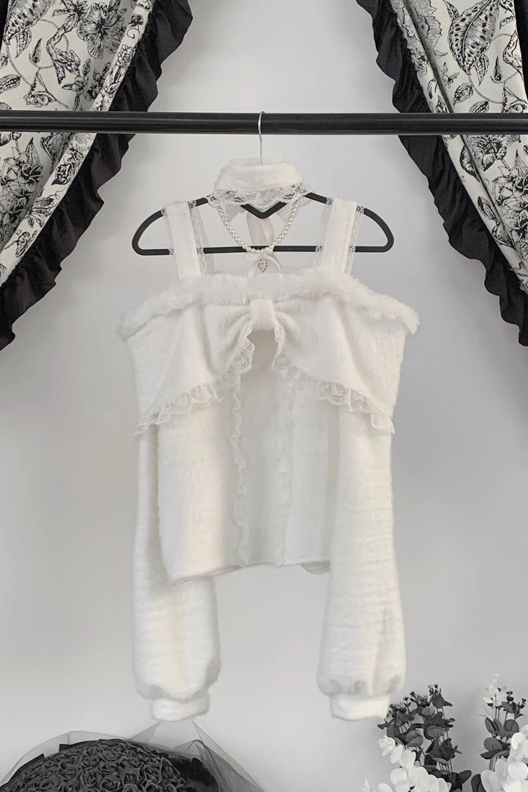 Jirai Kei Off Shoulder Long Sleeves Lace Sweet Japanese Fleece-Lined Top 3 Colors - White - 2