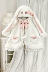 Ivory Cloud-Like Plush Bunny Ear Embroidered Bow Lace Sweet Lolita Cape Coat - Ivory - 1