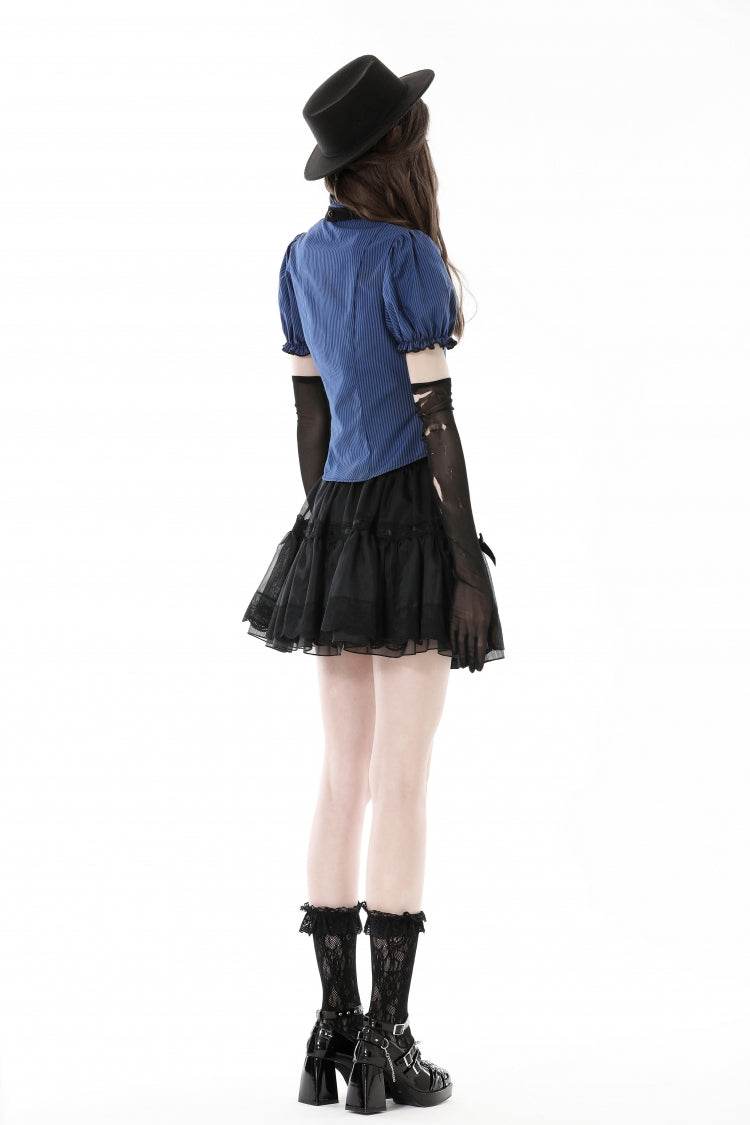 Blue/Black Striped Bow Ruffled Stand Collar Lace Jabot Short Puff Sleeves Front Button‑Up Women's Gothic Blouse - Product - 4