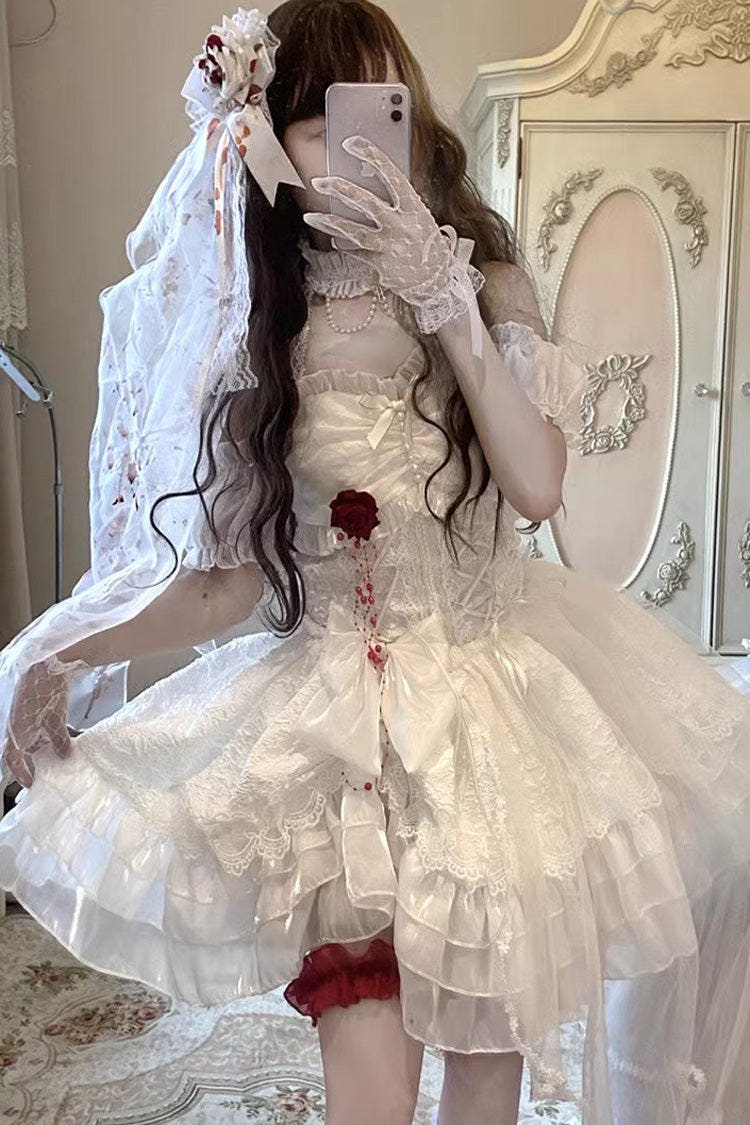 White [Blood Kiss Bride] Halterneck Multi-Layered Ruffle Hanayome Bowknot Lace Gothic Lolita Jsk Dress - White - 1