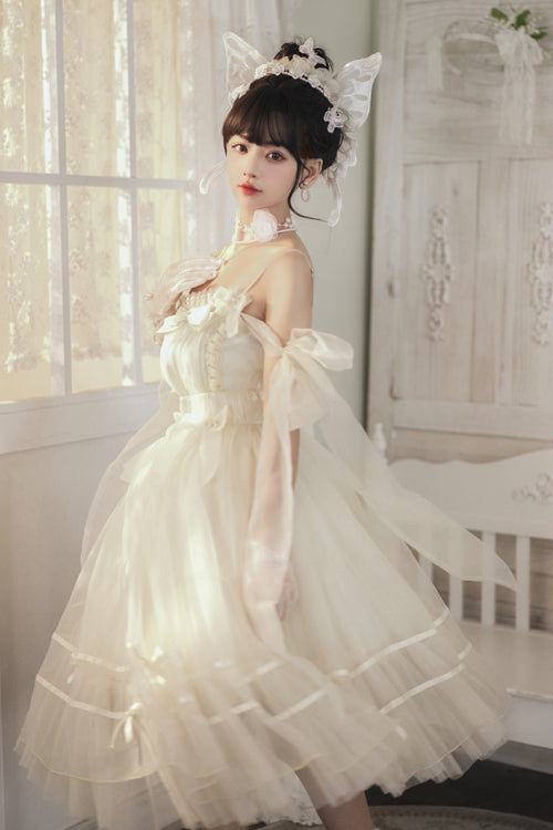 Beige Small Ballet High Waisted Bowknot Chiffon Long Version Sweet Lolita JSK Dress - Product - 5