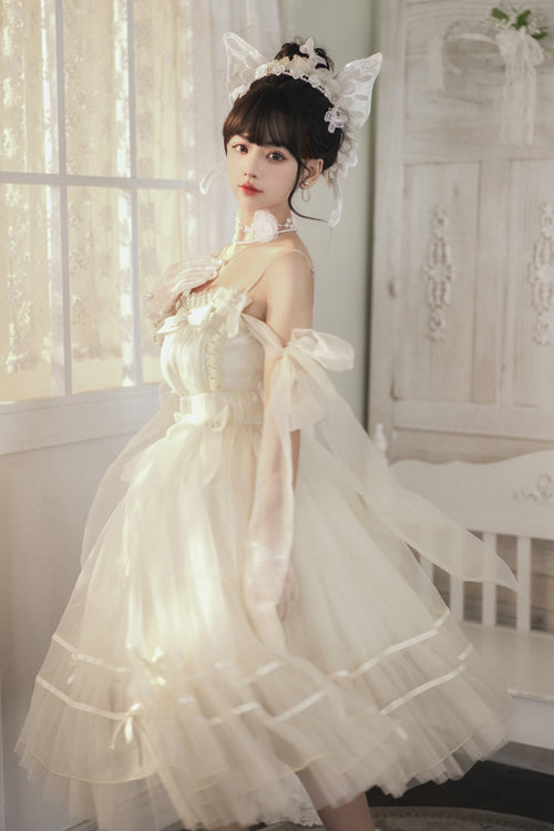 Beige Small Ballet High Waisted Bowknot Chiffon Long Version Sweet Lolita JSK Dress - Product - 5