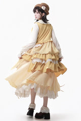 Yellow [Orange Diary] Multi-Layered Printed Embroidered Bow Lace Asymmetric Sweet Lolita Jumper Dress - Product - 4
