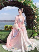 Pink Tang Dynasty Long Trumpet Sleeves Print Embroidery Sweet Hanfu Dress - Product - 2