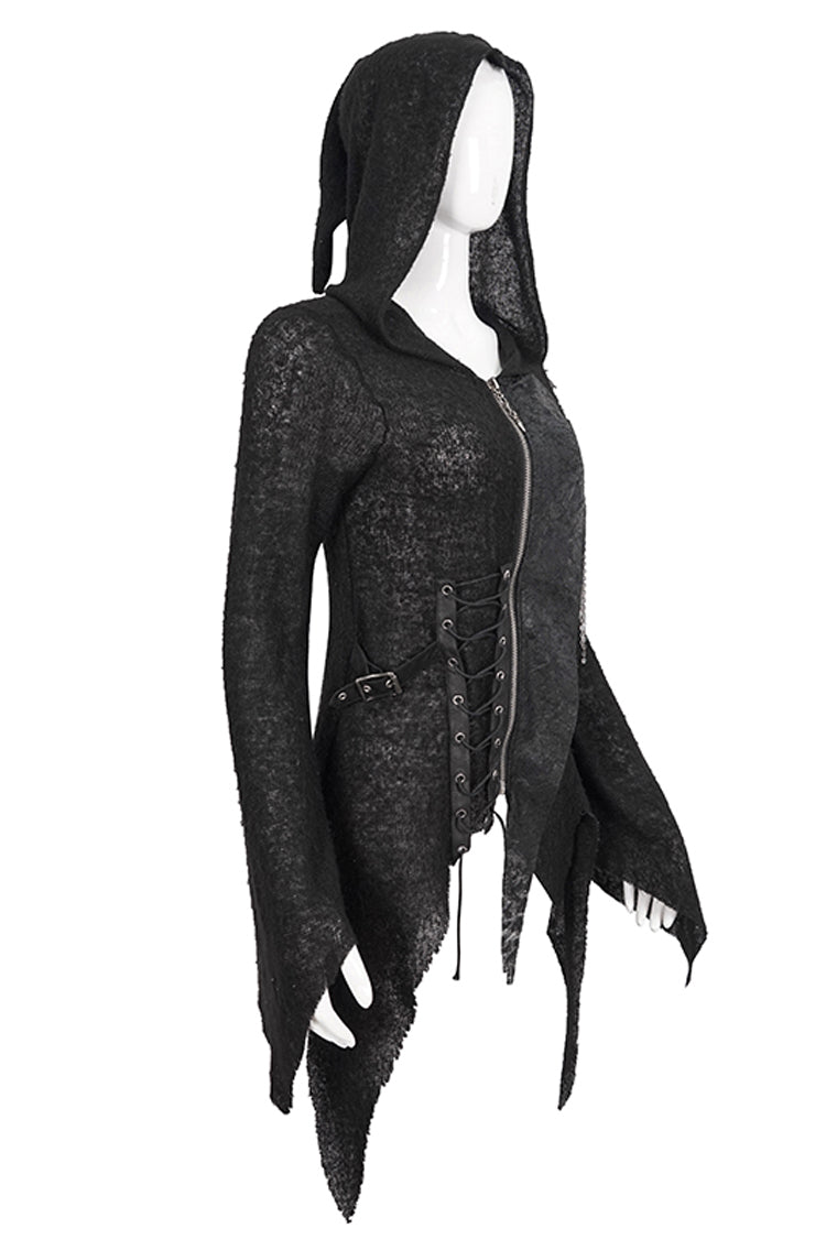 Black Vintage Hooded With Leather Details Women's Punk Jackets - Product - 5