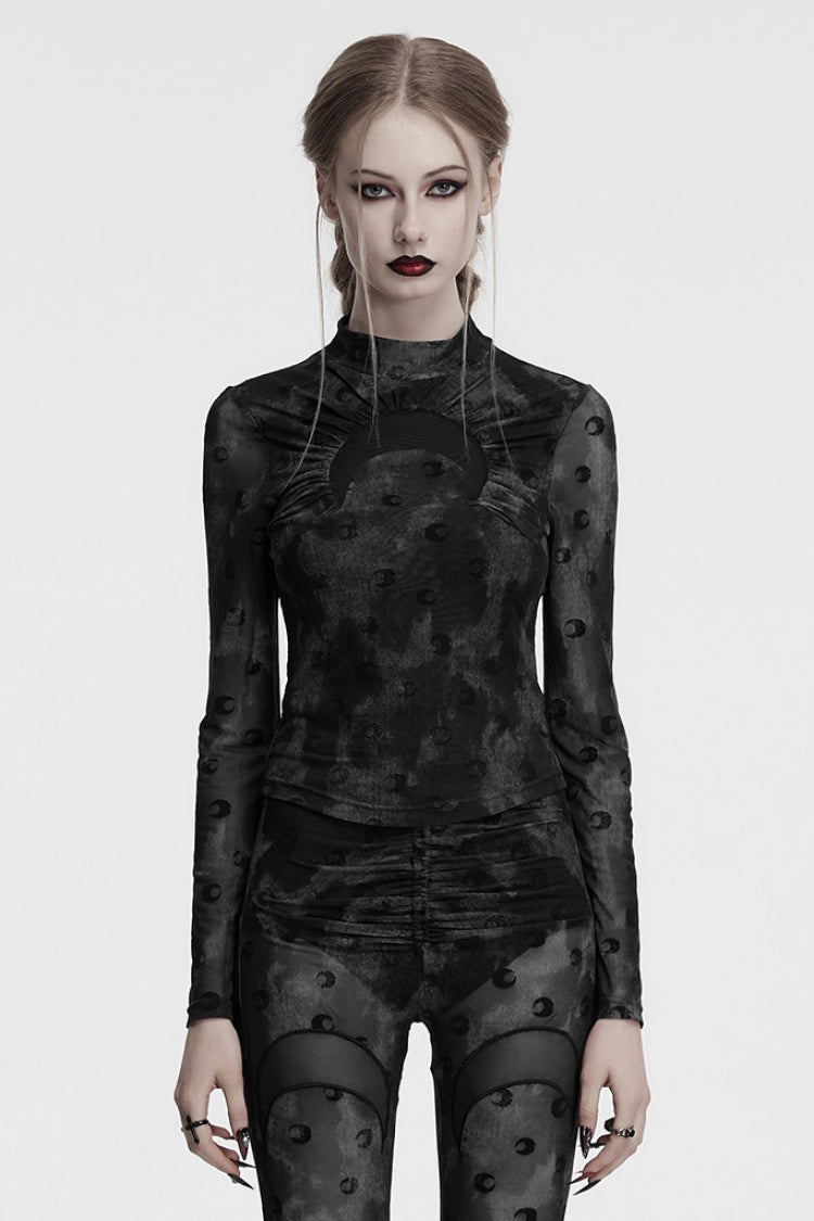 Grey Moon Print Mesh Ruched Women's Gothic Blouse - Grey - 1