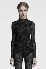 Grey Moon Print Mesh Ruched Women's Gothic Blouse - Grey - 1