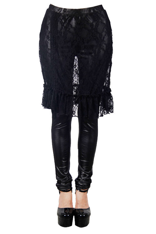 Black Rose Lace Mesh Outer Skirt Gothic Faux Leather Womens Pants - Product - 7