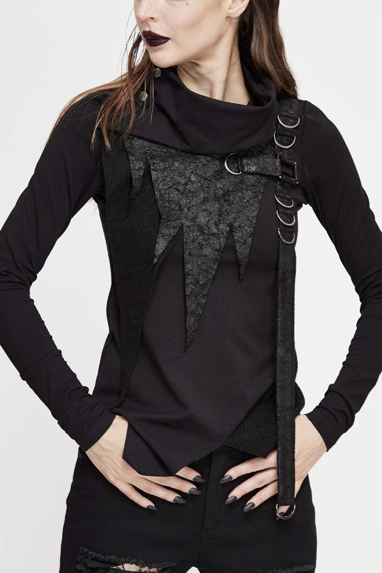 Black Worn Out Cross Shaped Hasp Long Sleeve High Collar Asymmetric Hem Women's Punk T-Shirt - Black - 1