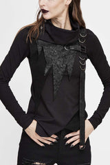 Black Worn Out Cross Shaped Hasp Long Sleeve High Collar Asymmetric Hem Women's Punk T-Shirt - Black - 1