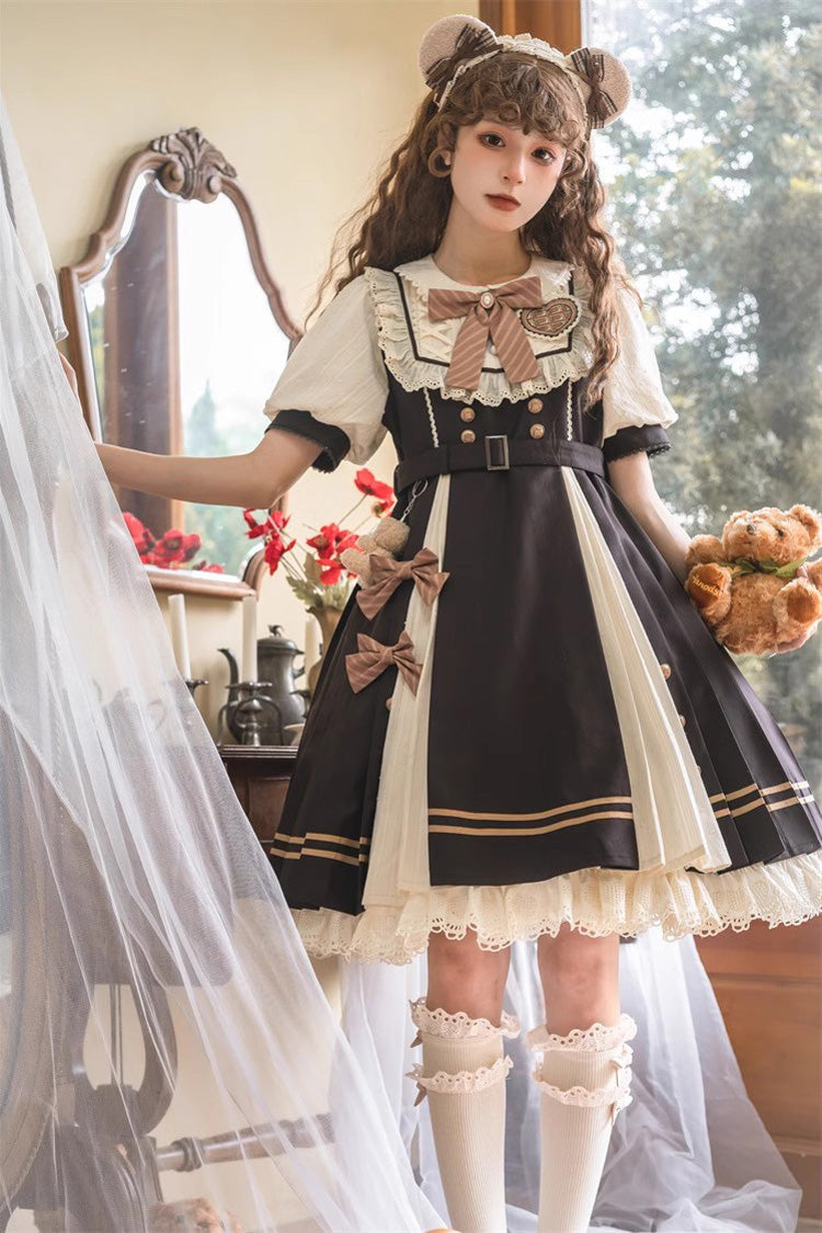 Black/White Chocolate Workshop Short Version Elegant Short Puff Sleeves Sweet Lolita Dress - Product - 2
