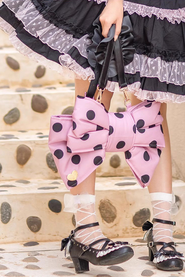 Pink/Black Polka Dot Print Bowknot Shaped Sweet Lolita Backpack - Product - 2