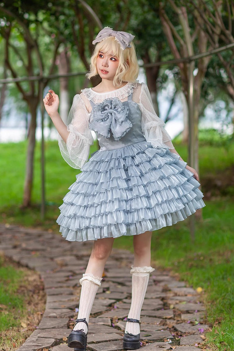 Multi-layer Plaid Print Ruffle Bowknot Sweet Lolita Tiered Dress 3 Colors - Blue - 1