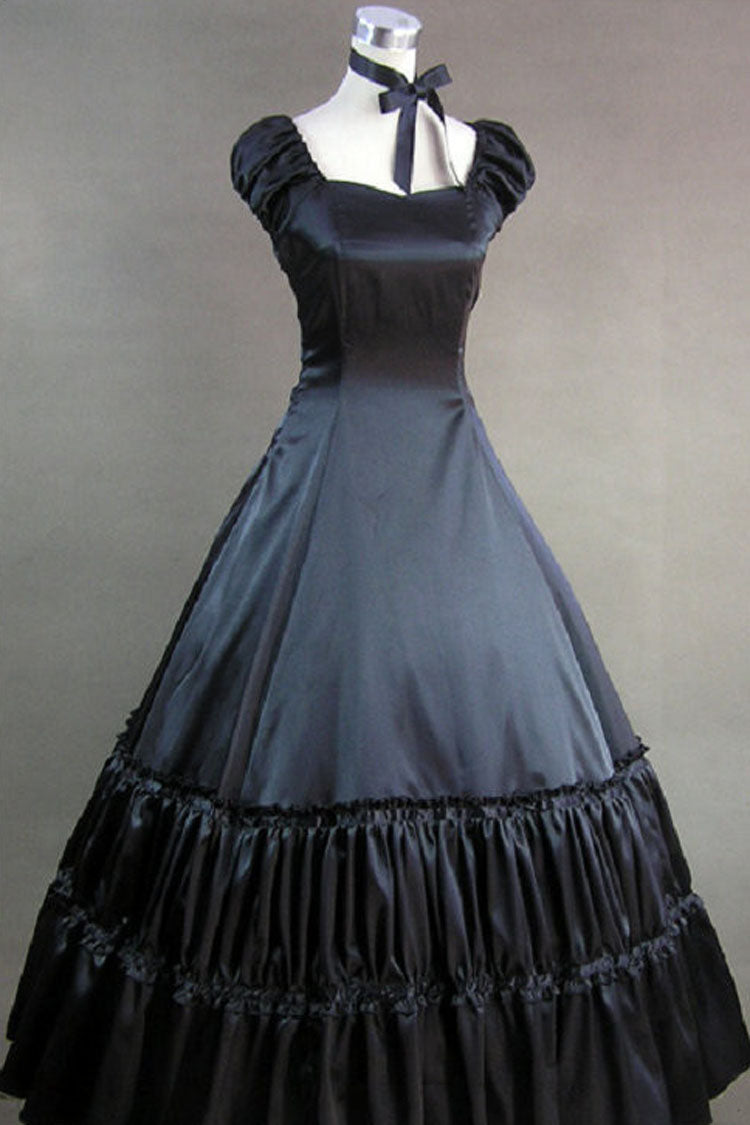 Black Cotton Square Collar Cap Sleeves Floor Length Victorian Gothic Lolita Dress - Black - 1