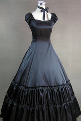 Black Cotton Square Collar Cap Sleeves Floor Length Victorian Gothic Lolita Dress - Black - 1