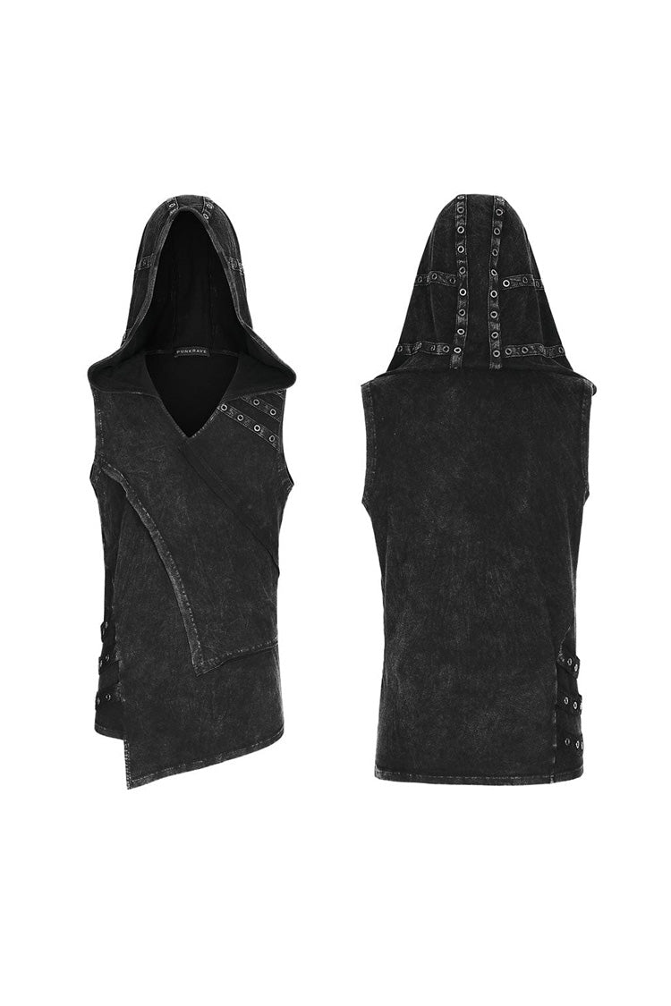 Black Sleeveless Irregular Hooded Men's Punk Tank Top - Product - 4