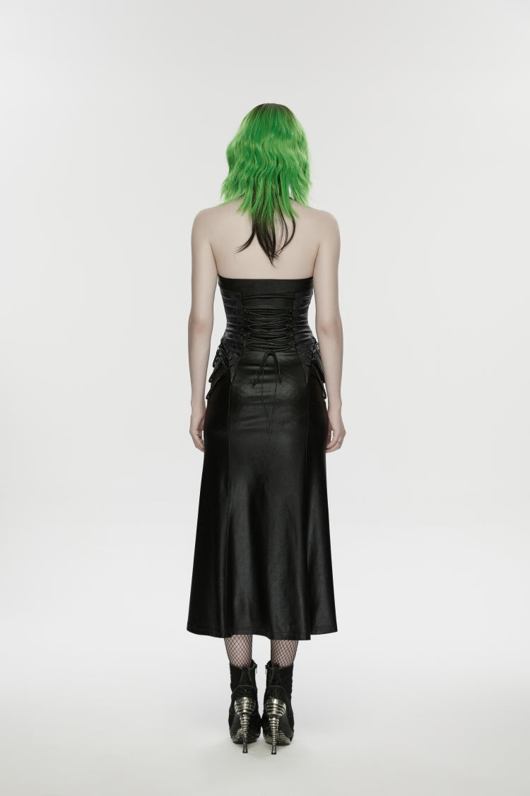 Black Halterneck Sleeveless Lace-Up Slim Buckled Women's Punk Dress - Product - 4