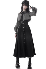 Black [Hymn of the Cross] Long Sleeves Printed Ruffled Asymmetric Chain-Decorated Gothic Jirai Kei Skirt Set - Product - 11