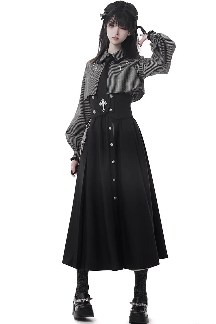 Black [Hymn of the Cross] Long Sleeves Printed Ruffled Asymmetric Chain-Decorated Gothic Jirai Kei Skirt Set - Product - 11