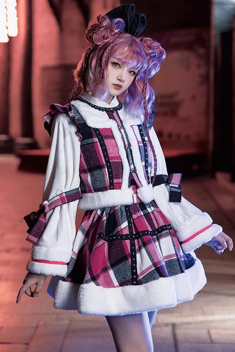 Multi-Color Plaid Print Bowknot Autumn Winter Sweet Chinese Style Lolita Skirt Set - Product - 6