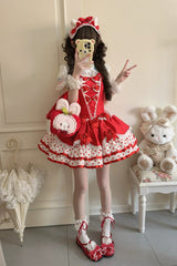Red [Jasmine Rain] Square Collar Sleeveless Triple-Layered Polka Dot Printed Ruffled Bow Lace Sweet Lolita Jsk Dress - Product - 2