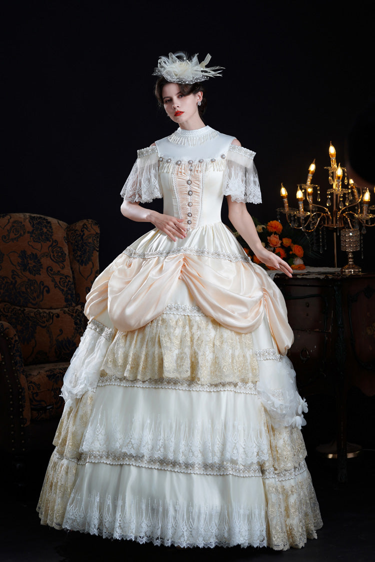 Champagne Stand Collar Multi-Layered Ruffled Lace Classic Vintage Palace Victorian Lolita Dress - Product - 6