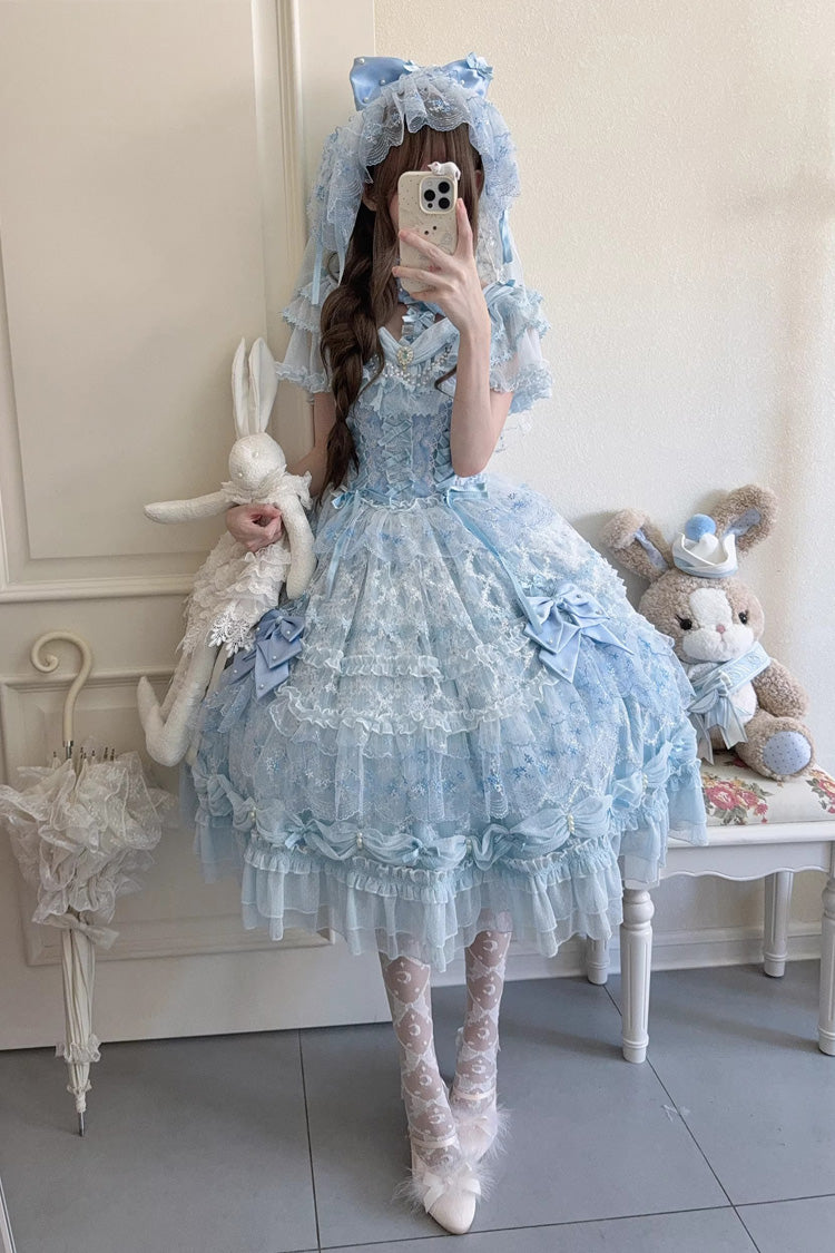 Blue Long Sleeves Hanayome Bow Lace-Up Sweet Gorgeous Lolita Dress with Train and Veil - Blue - 1