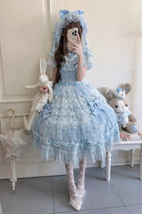 Blue Long Sleeves Hanayome Bow Lace-Up Sweet Gorgeous Lolita Dress with Train and Veil - Blue - 1