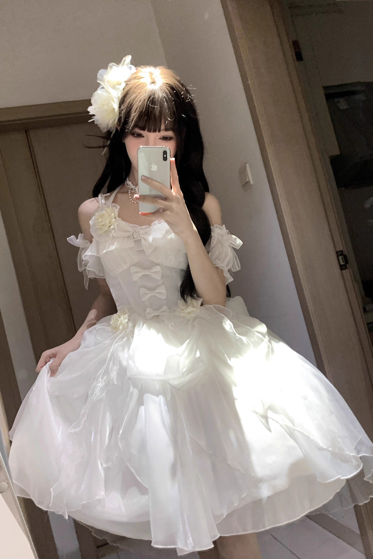 White [Cindy Rose] Halterneck Sleeveless Ruffle Bowknot Sweet Elegant Lolita Jsk Dress - Product - 2