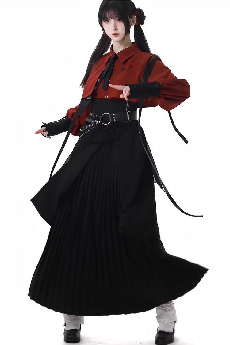 Red/Black [Moonlight Flowing] Long/Short Sleeves Ruffled Asymmetric Gothic Jirai Kei Skirt Set - Product - 7