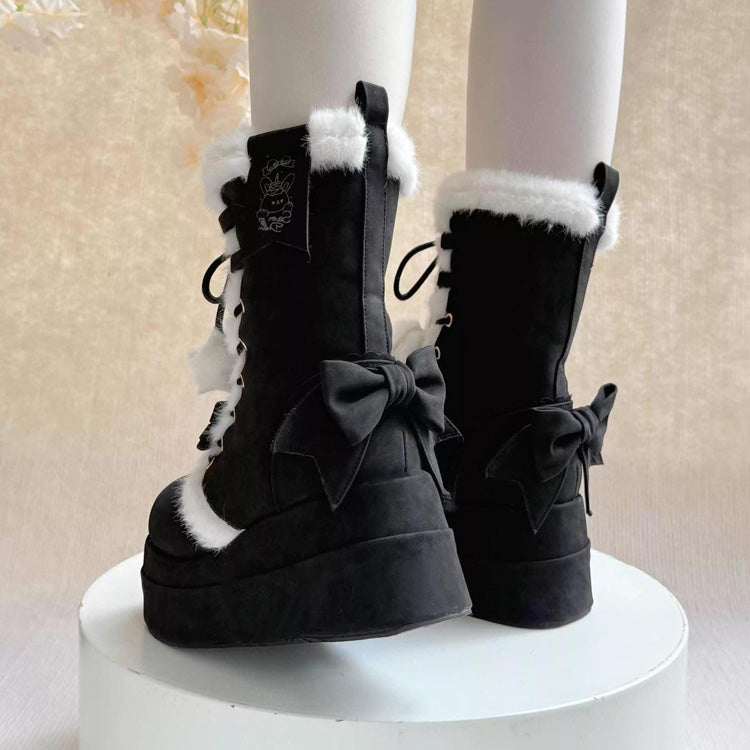Black Cute Platform Thick-Soled Bowknot Lace-Up Sweet Lolita Plush Boots - Product - 4