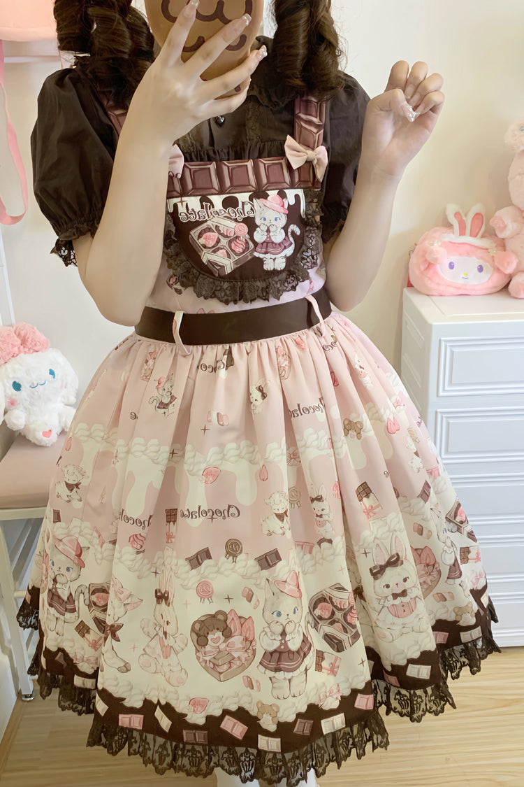Chocolate Rosette Cat Print Bowknot Stitching Lace Sweet Lolita Jsk Dress 4 Colors - Product - 16