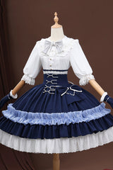 White/Blue [Identity V Gardener Inspired Dreamy] Half Sleeves Multi-Layered Ruffled Bow Classic Chinese Inspired Lolita Skirt Set - Product - 2