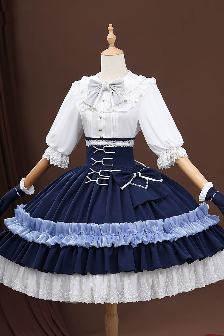 White/Blue [Identity V Gardener Inspired Dreamy] Half Sleeves Multi-Layered Ruffled Bow Classic Chinese Inspired Lolita Skirt Set - Product - 2