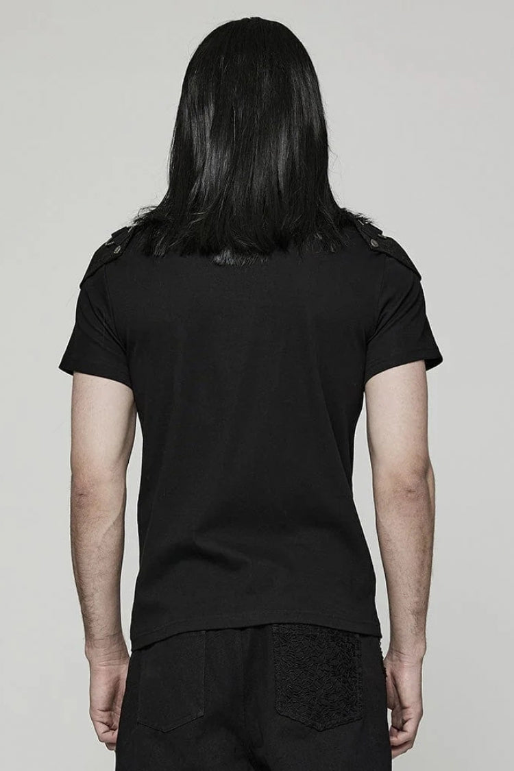 Black Short Sleeves Detachable Shoulder Pad Hollow Mens Steampunk T-Shirt - Product - 3