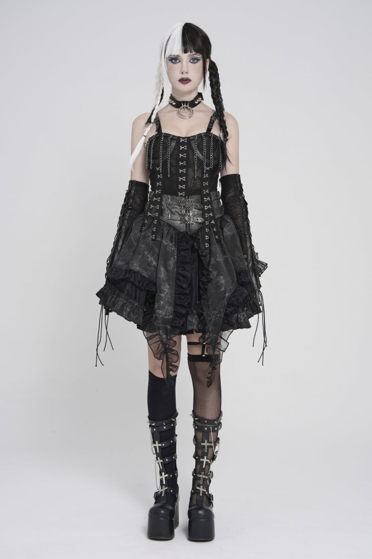 Black Off Shoulder Lace Lace-Up Slim Mesh Strappy Chain-Decorated Eyelet Women's Punk Corset - Product - 2
