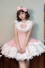 Pink [Miss Tsundere] Sleeveless Multi-Layered Ruffle Bowknot Lace Asymmetric Sweet Princess Lolita Dress - Product - 6