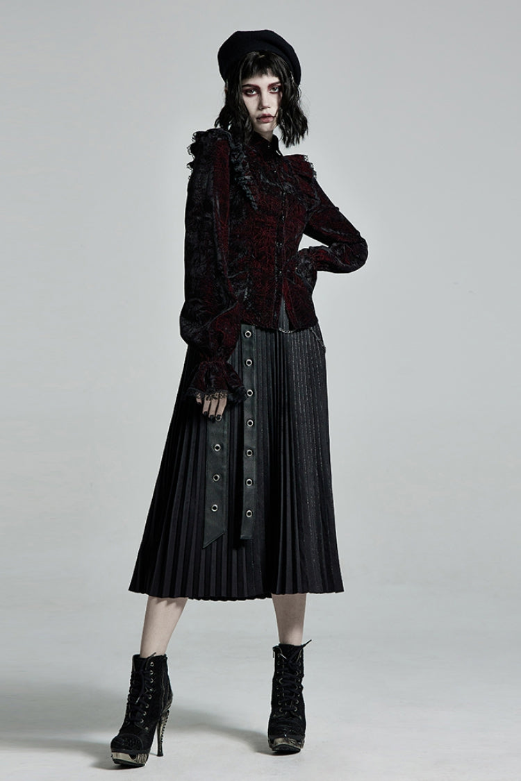 Black/Red Stand Collar Floral Embroidery Lace Women's Gothic Blouse - Product - 4
