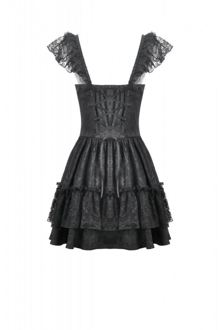 Black Flutter Sleeves Jacquard Bowknot Lace Ruffled Lace-Up Women's Gothic Cake Mini Dress - Product - 15