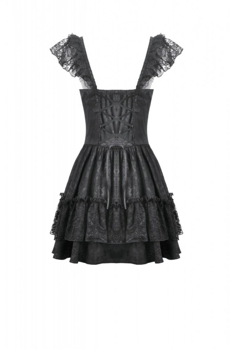 Black Flutter Sleeves Jacquard Bowknot Lace Ruffled Lace-Up Women's Gothic Cake Mini Dress - Product - 15