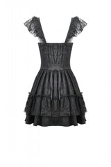 Black Flutter Sleeves Jacquard Bowknot Lace Ruffled Lace-Up Women's Gothic Cake Mini Dress - Product - 15