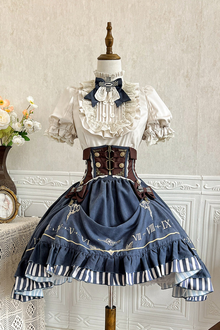 Blue Middle Ages Ruffle Embroidery Bowknot Classic Punk Vintage Lolita Skirt Full Set - Product - 4